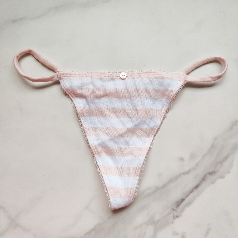 NWT VICTORIA'S SECRET RIBBED STRETCH COTTON V-STRING PANTY IN PINK STRIPE SIZE X